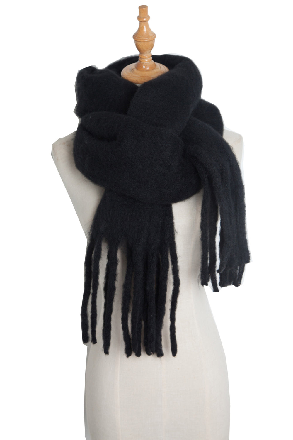 Fringe detail polyester scarf - black / one size