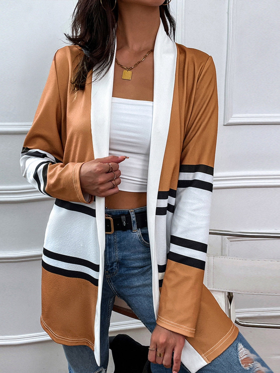 Shiny color block open front cardigan - caramel / s