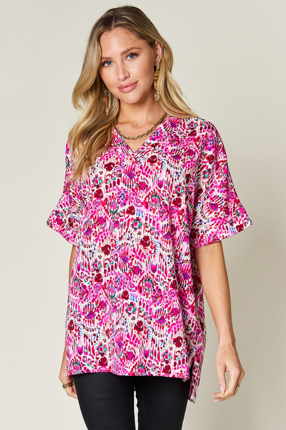 Double take full size printed v-neck short sleeve blouse - pink / s