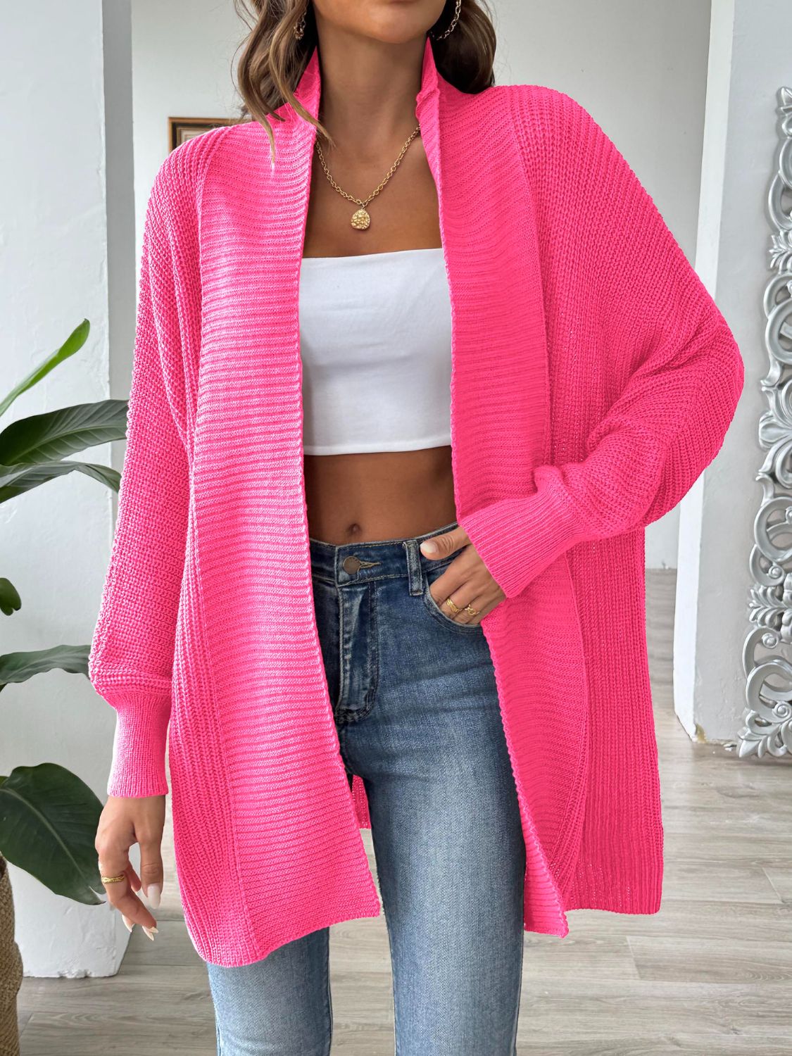 Open front long sleeve cardigan - strawberry / one size