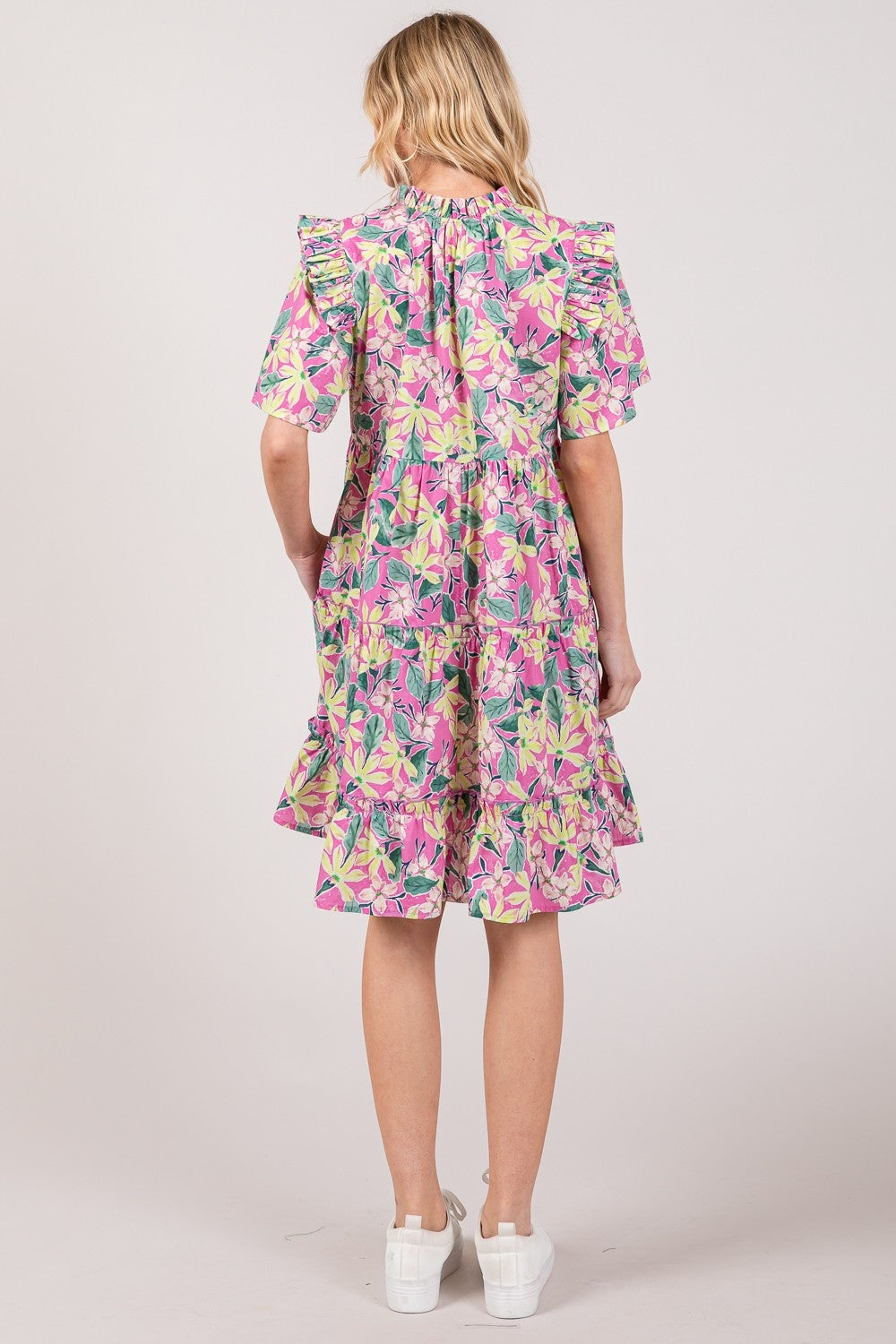 Sage + fig floral ruffle short sleeve dress