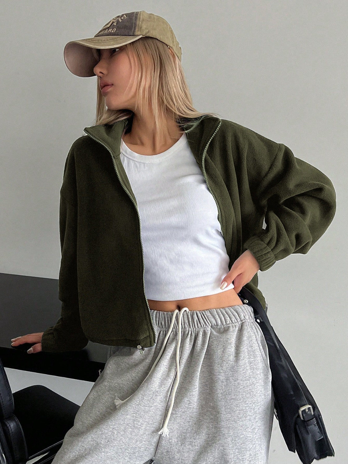 Honey zip up long sleeve cropped jacket