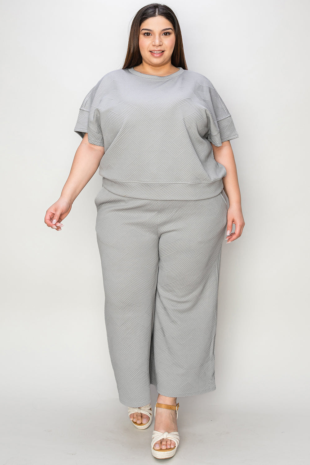 Double take full size texture short sleeve top and pants set