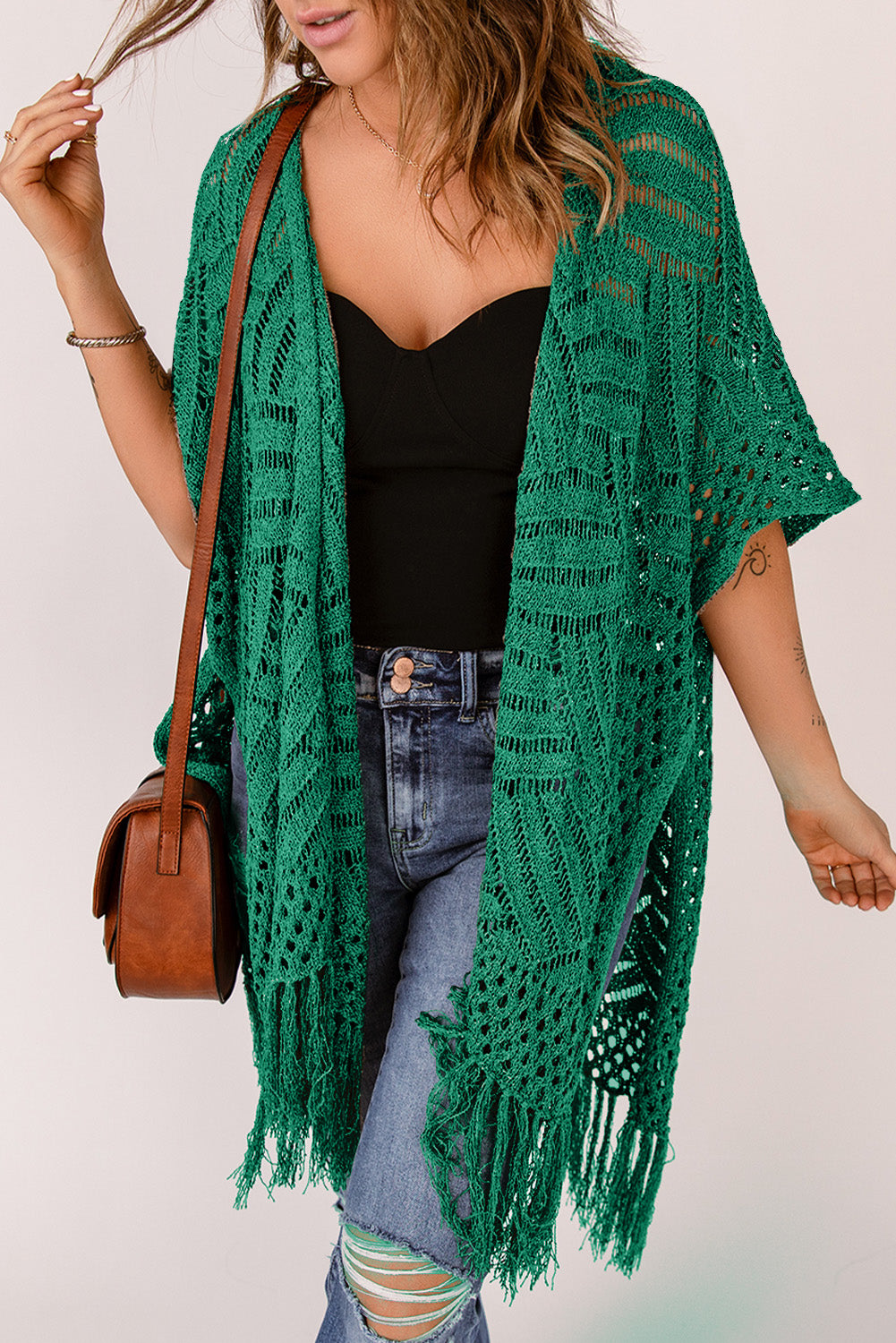 Openwork open front cardigan with fringes