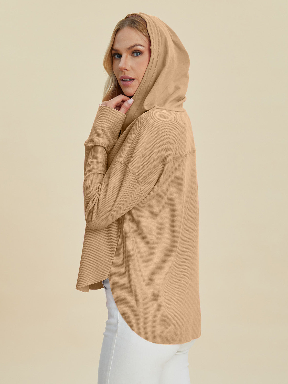 Double take full size high-low dropped shoulder long sleeve hoodie