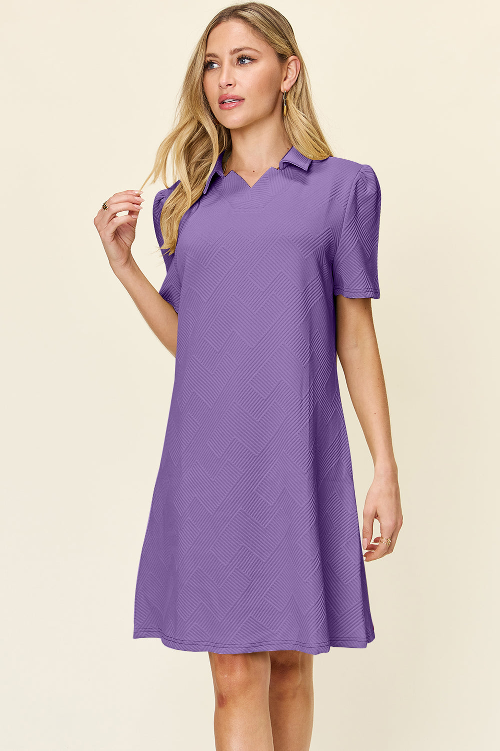 Double take full size texture collared neck short sleeve dress - lavender / s