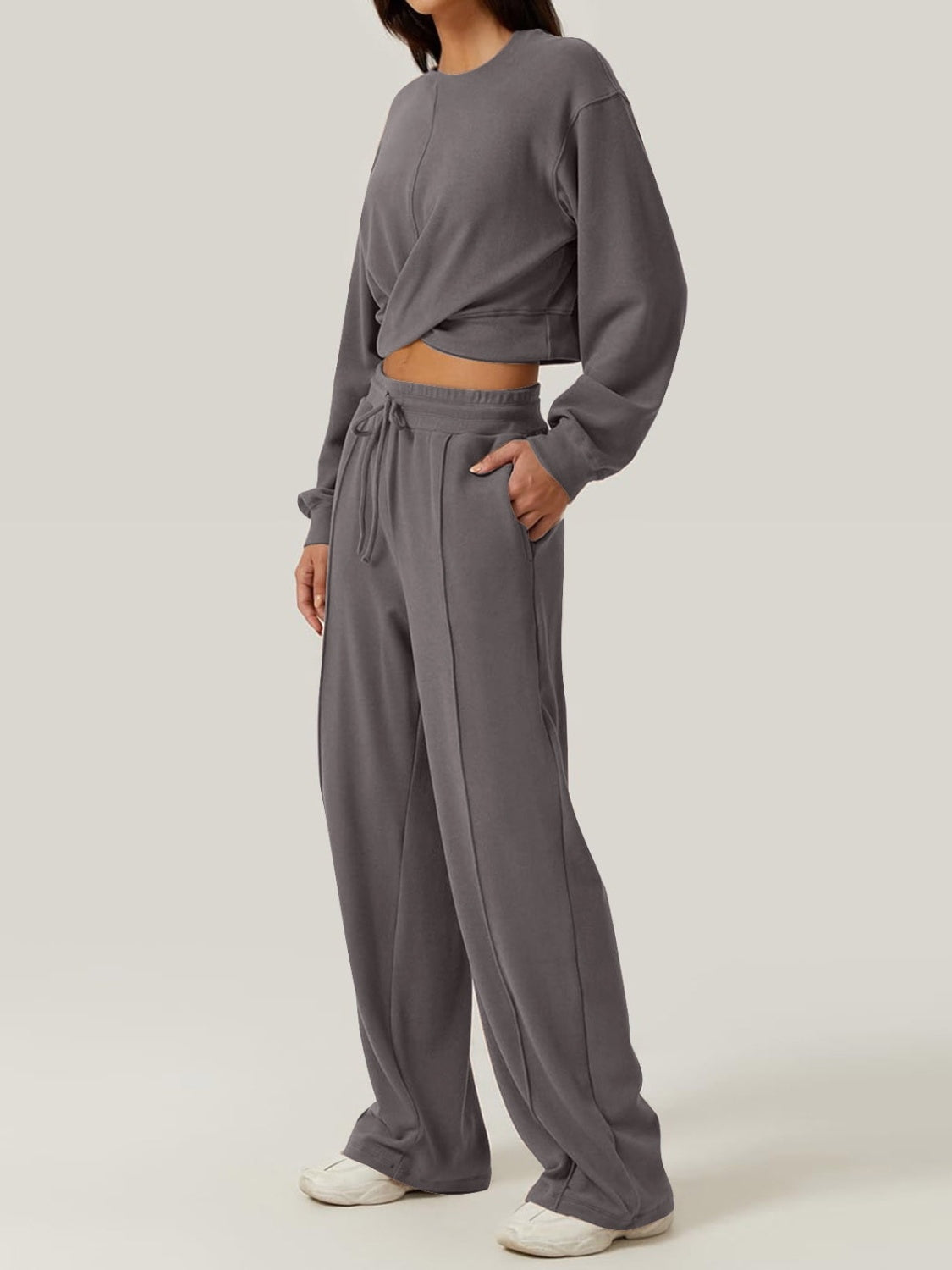 Crisscross round neck top and drawstring pants set