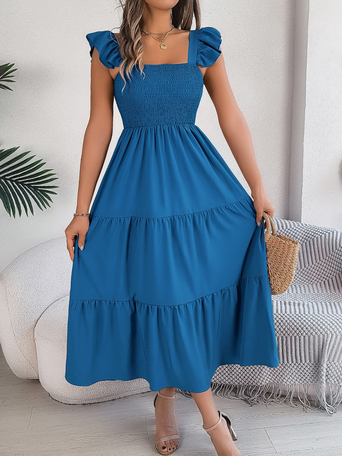 Smocked square neck cap sleeve midi dress