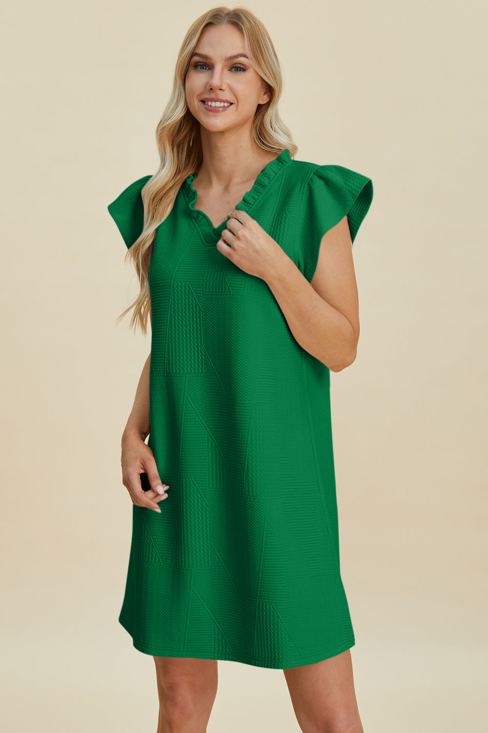 Double take full size ruffled v-neck cap sleeve dress - dark green / s