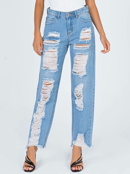 Raw hem distressed straight jeans - light / xs