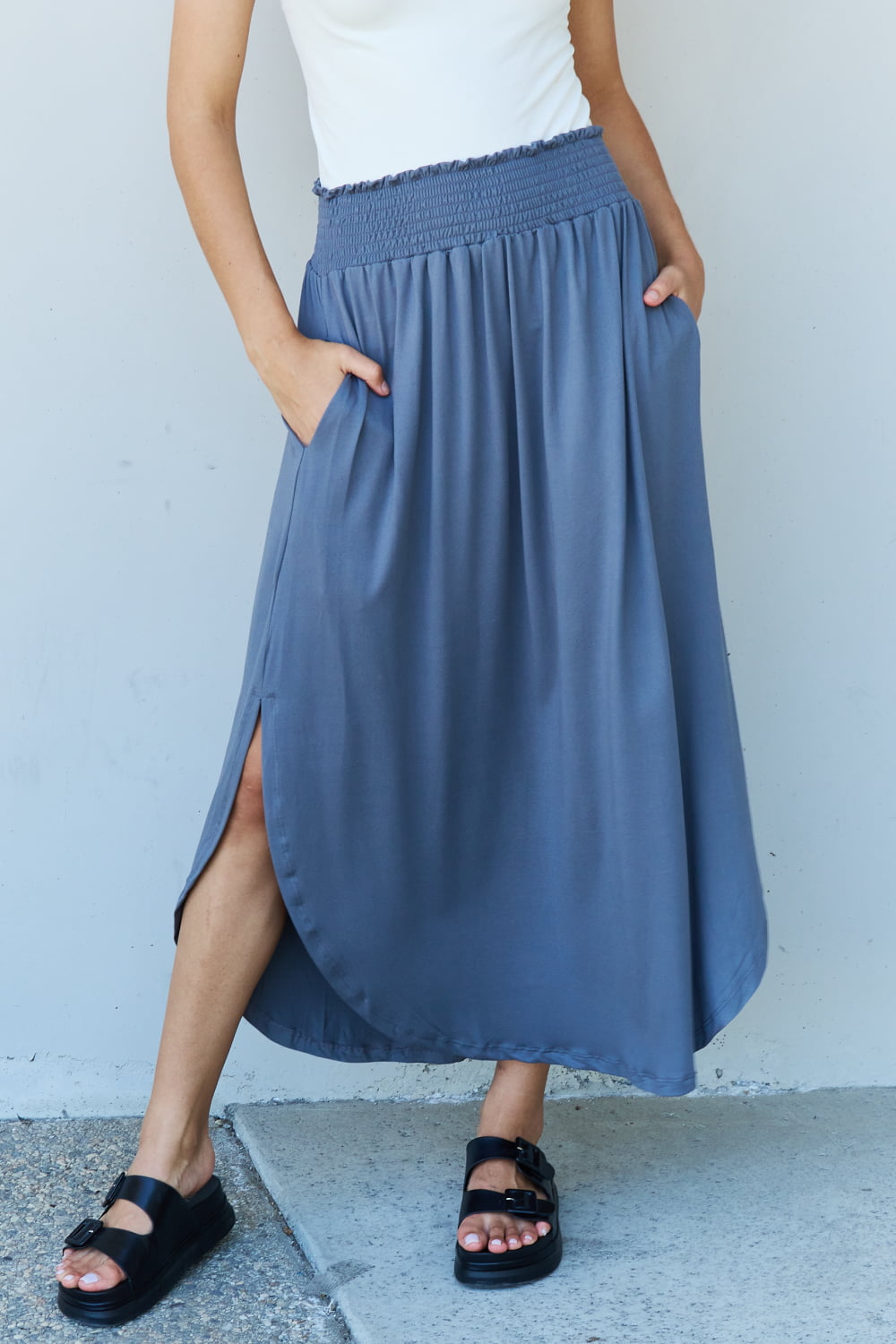 Doublju comfort princess full size high waist scoop hem maxi skirt in dusty blue - s