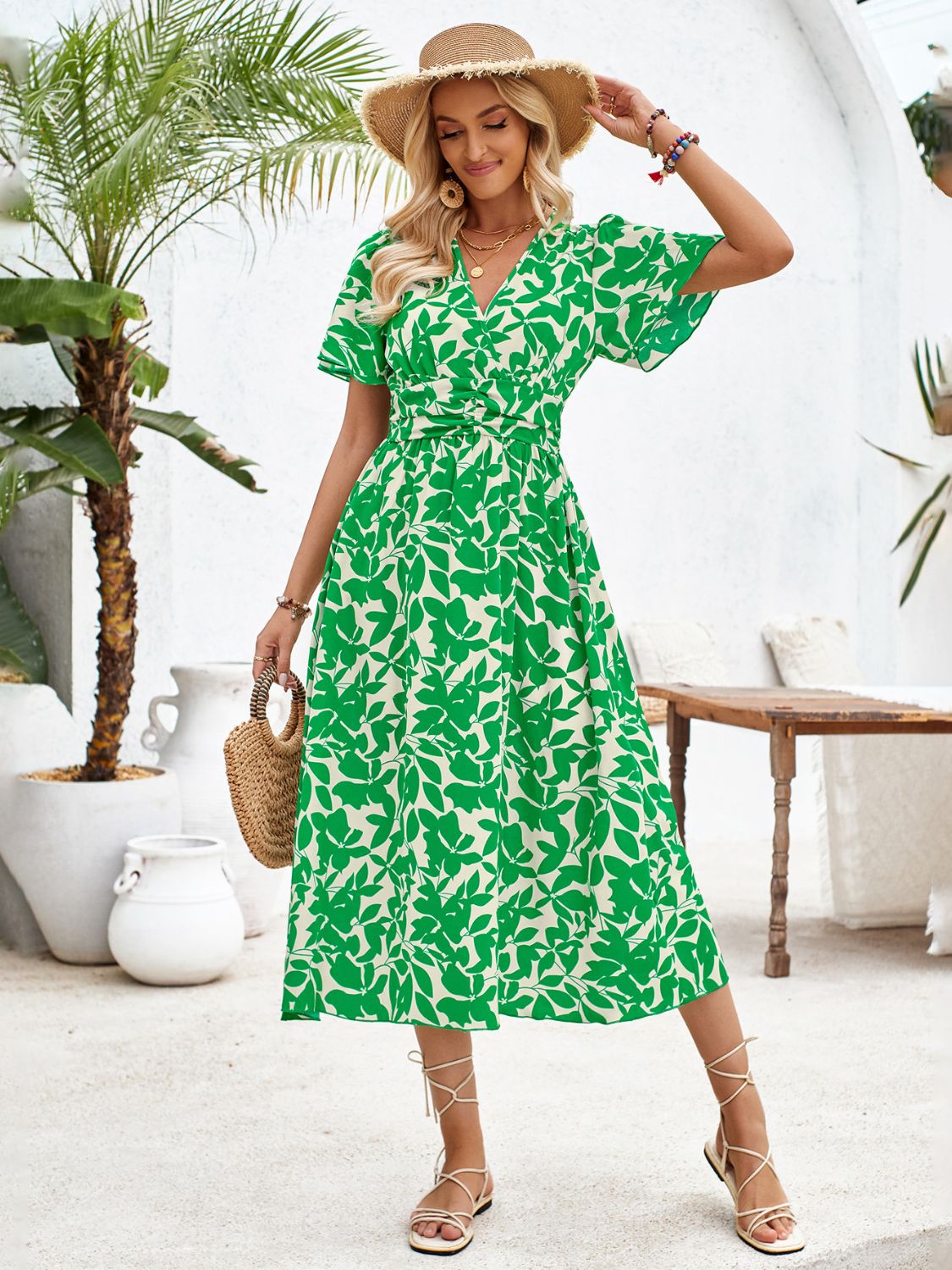 Printed surplice short sleeve midi dress