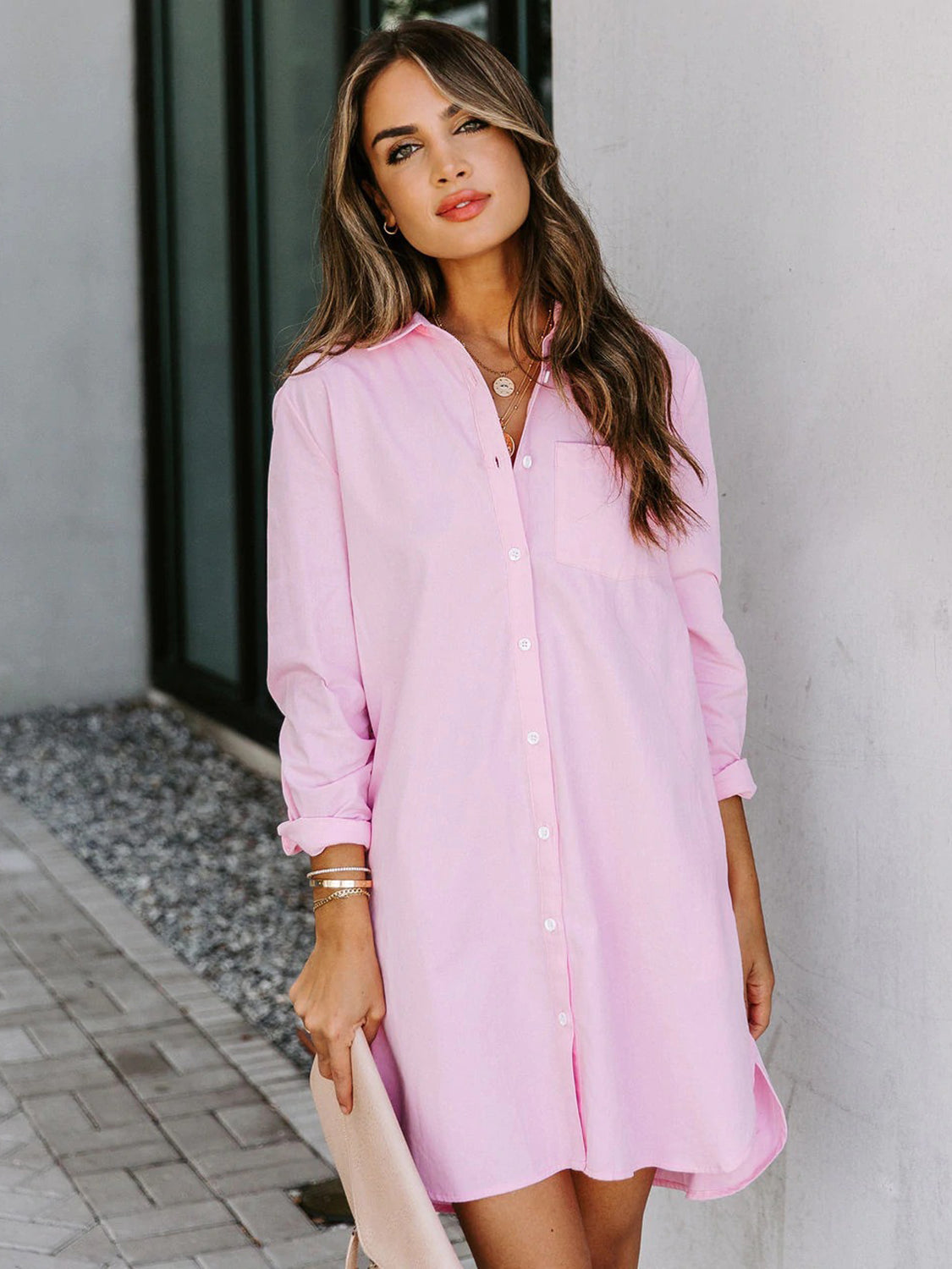 Button up collared neck long sleeve shirt dress