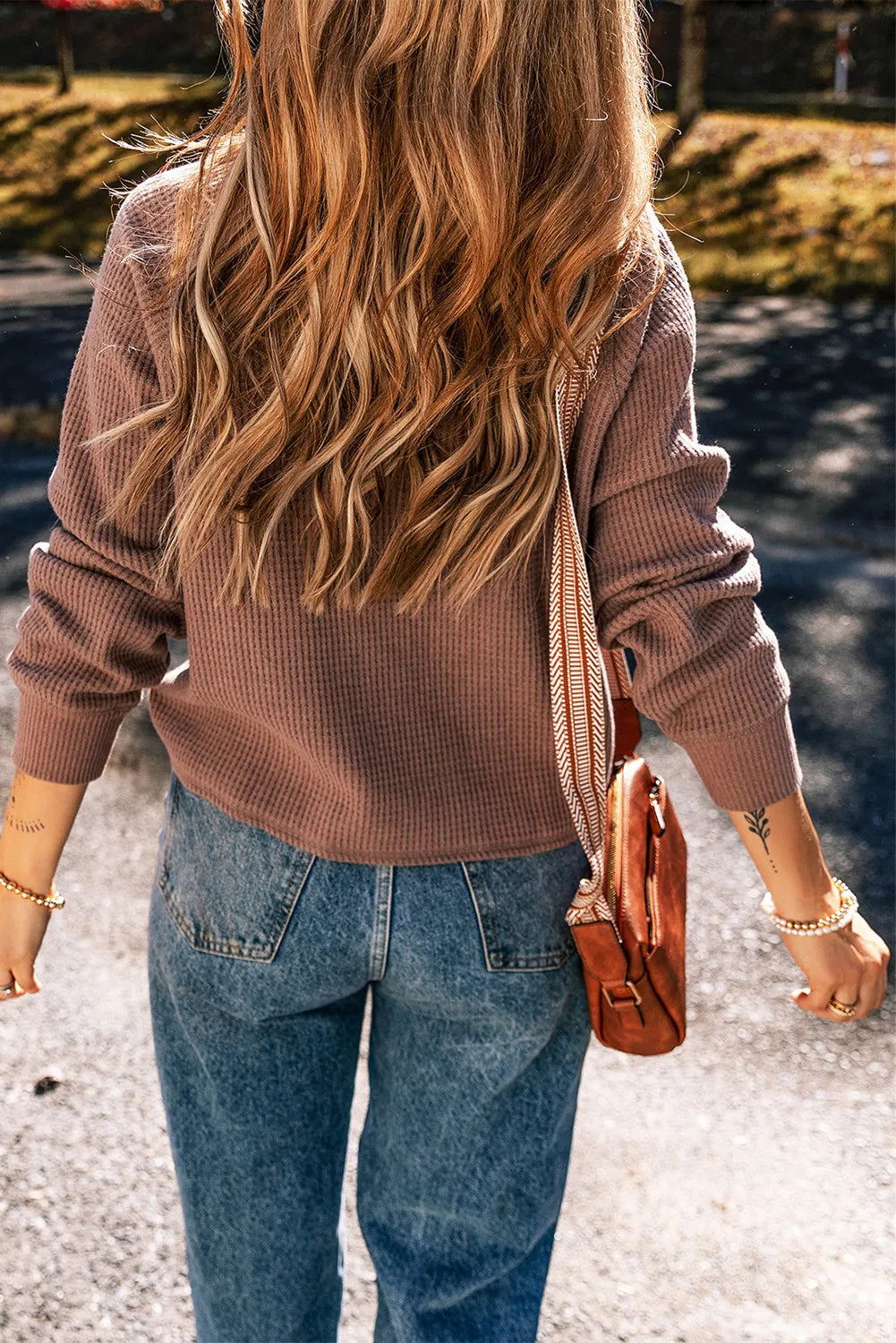 Waffle-knit round neck long sleeve blouse