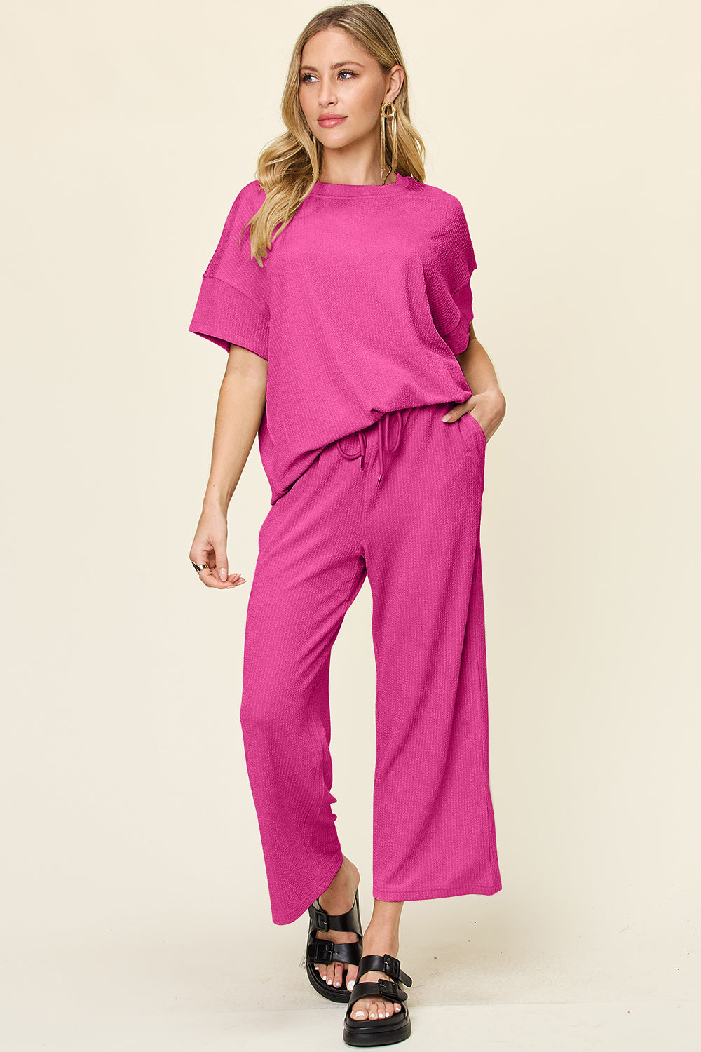 Double take full size texture round neck short sleeve t-shirt and wide leg pants