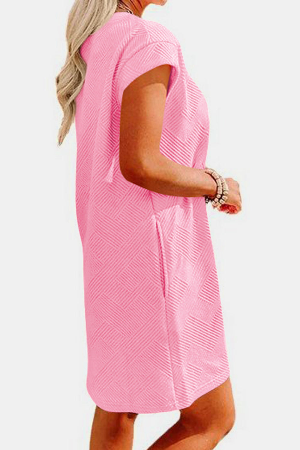 Textured round neck cap sleeve dress