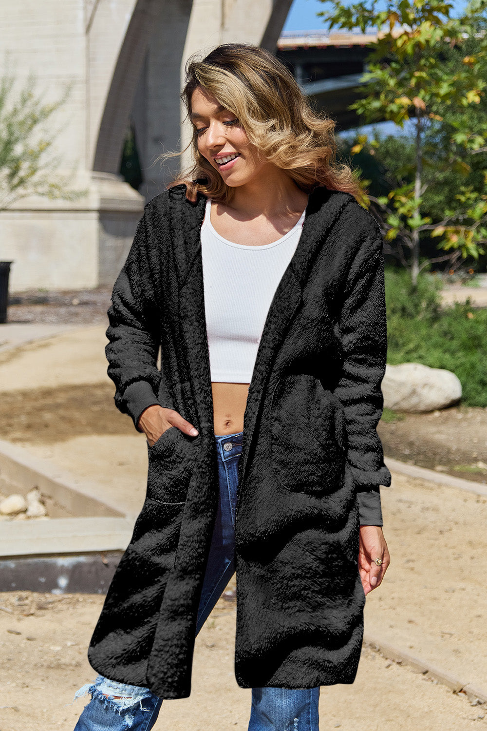 Double take full size hooded teddy bear jacket with thumbholes - black / s