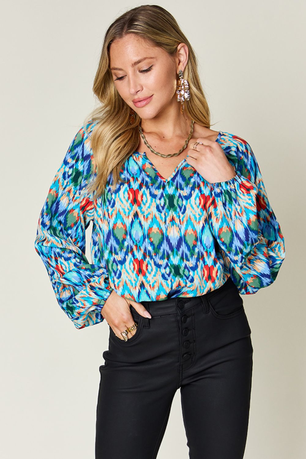 Double take full size printed balloon sleeve blouse - sky blue / s