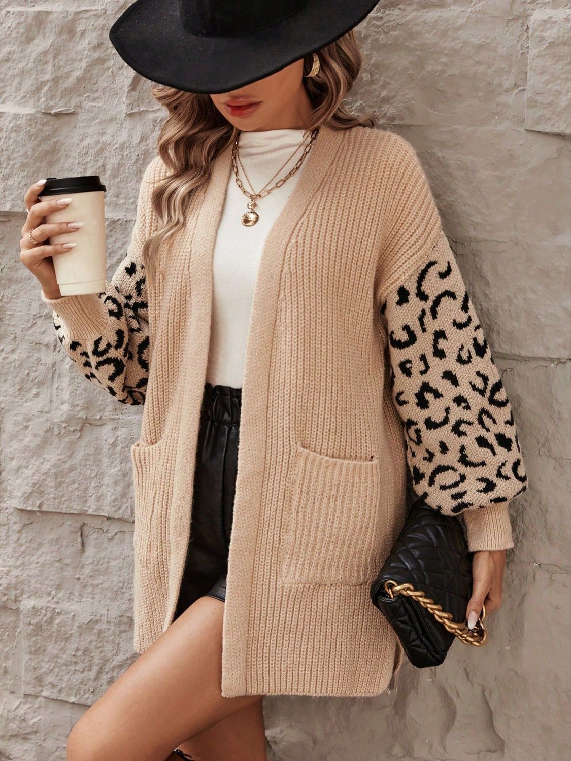 Pocketed leopard open front cardigan