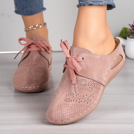 Lace-up round toe wedge sandals - dusty pink / 36(us5)