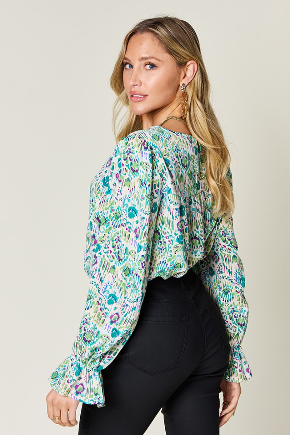 Double take full size printed flounce sleeve blouse